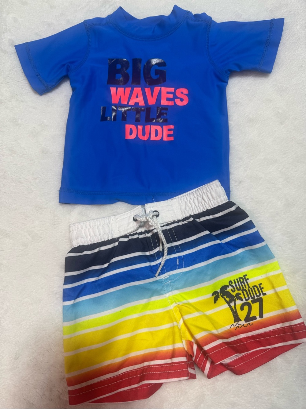 Koala Kids Blue Rash Guard & Multi-Stripe Swim Trunks